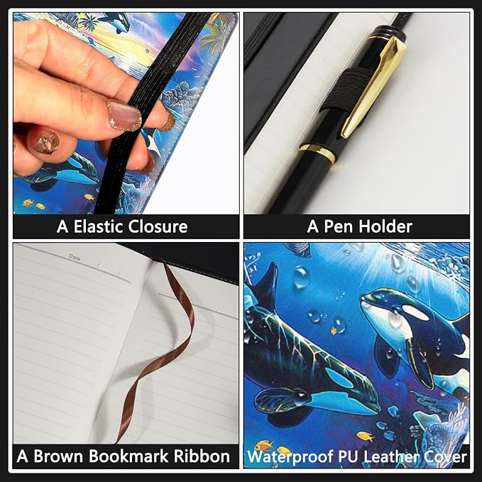 A5 Leather Lined Journal Notebook, 200 Pages Hardcover Executive Notebook for Men Women Office School Note Taking, Thick Writing Paper Daily Journal with Bookmarks/Indexes,Undersea Whale