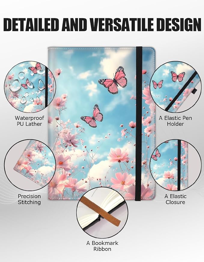 Hardcover Executive Notebooks, A5 PU Leather Lined Journal Notebook, 200 Pages Thick Paper Subject Notebooks for School,Work,Home Writing Business Notebook, Diary Book ，Butterflies and Pink Flowers