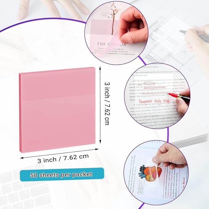 ENLUOM Transparent Sticky Notes - 3 x 3 Inch Translucent Colorful Sticky Note, Pastel Clear Sticky Notes for Books Annotation,See Through Sticky Note (200 Sheets)