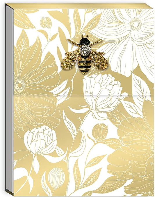 Punch Studio Flip-Top Notepad For Daily Notes or Notes on-the-go, with Magnetic Closure, Brooch Embellishment, Gold-Foil Accents & 75 Illustrated Sheets, 5" x 3.75" - White Dahlias (50440)