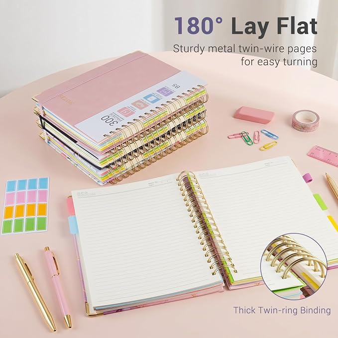 Hardcover Spiral Journal Notebook, 300 Pages 5 Subject Notebook College Ruled with Removable Dividers Tabs, 8" x 10" Notebooks for Work, Spiral Ruled Lined Writing Journal Hardcover Leather Notebook for School (Purple, 8''x 10'')