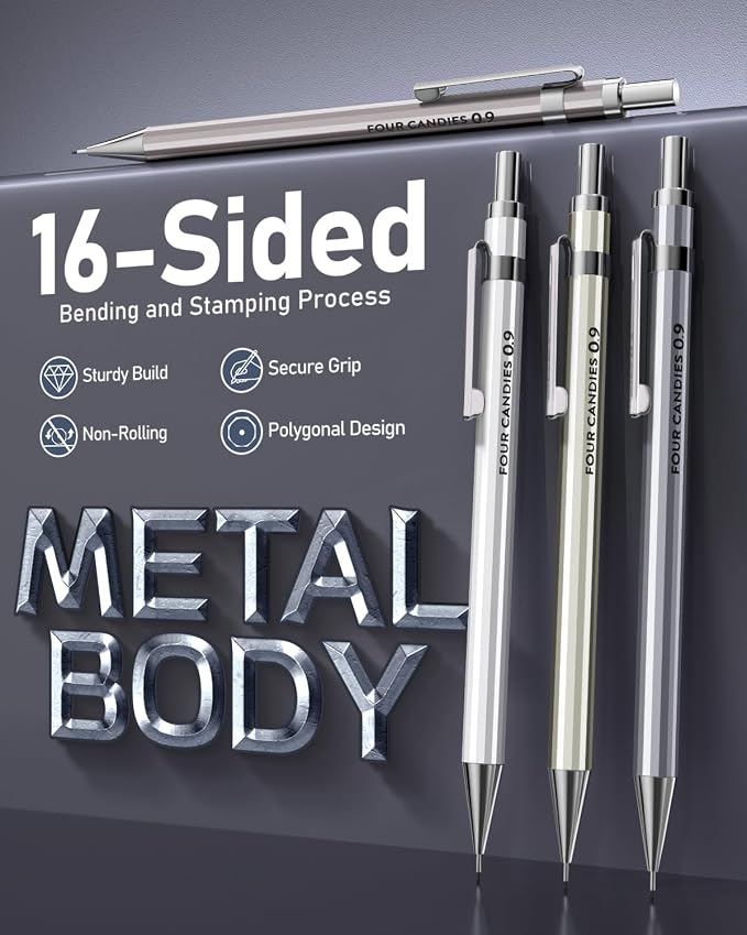Metal Mechanical Pencil Set, Break-Resistant 0.9mm 4-Pack with Storage Case | 480 Leads, 3 Erasers+9 Refills, For School Writing, Sketching, Art Drawing & Professional Drafting