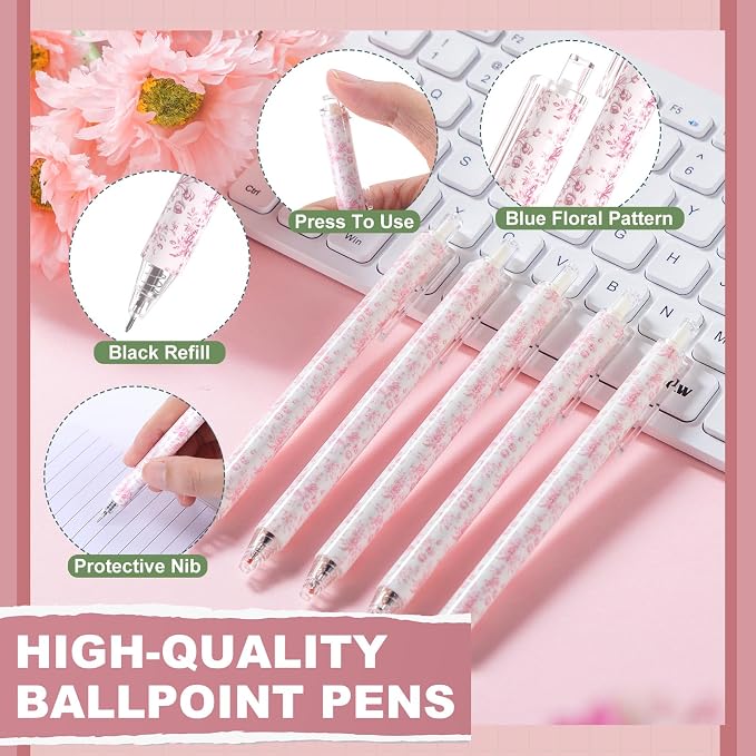 Engrowtic 24 Set Pink and White Floral Mini Notebooks and Ballpoint Pens Chinoiserie Vintage Pocket Notepads Gel Pens Small Journals for Bridal Wedding Baby Shower