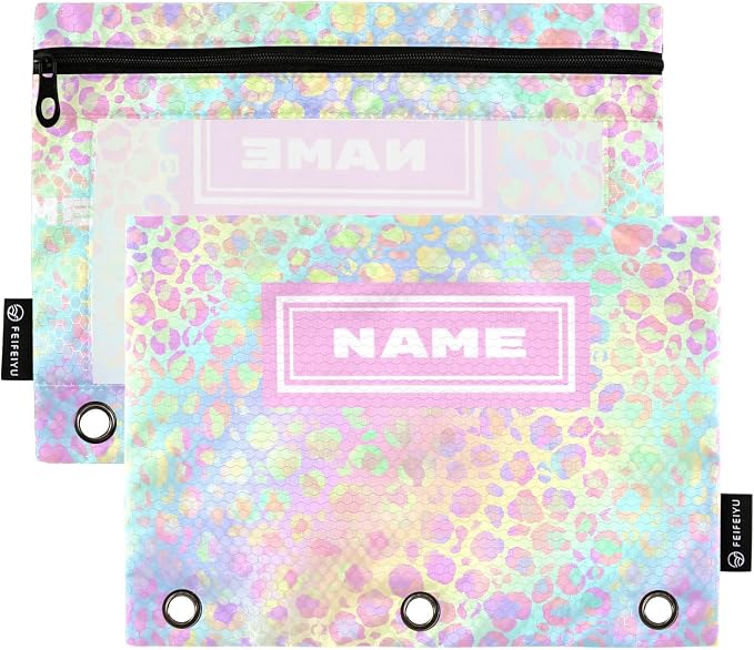 ALAZA Pencil Pouch for 3 Ring Binder, Rainbow Leopard Print Rose Gold Cheetah Custom Binder Pencil Pouches with Clear Window Zipper Pencil Case Cosmetic Bags for Office College Supplies, 2PCS
