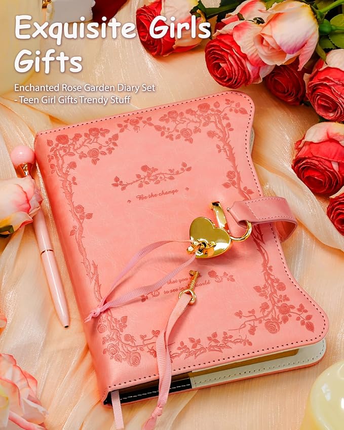Hoci Poci Diary with Lock and Keys for Girls Gift Ideas, 360 Pages Journal | Elegant Gift Box for Teen Girls, B6 Gold Edged Pages Refillable Notebook with Pen and Bookmark for Writing, Garden Pink