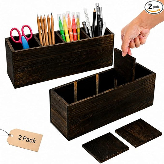 Dicunoy 2 Pack Wooden Pencil Holder for Desk, Rustic Wood Remote Control Holder Caddys, Retro Table Organizer with 4 Compartments for Art Supplies, Pen, Home, Office, School Classroom
