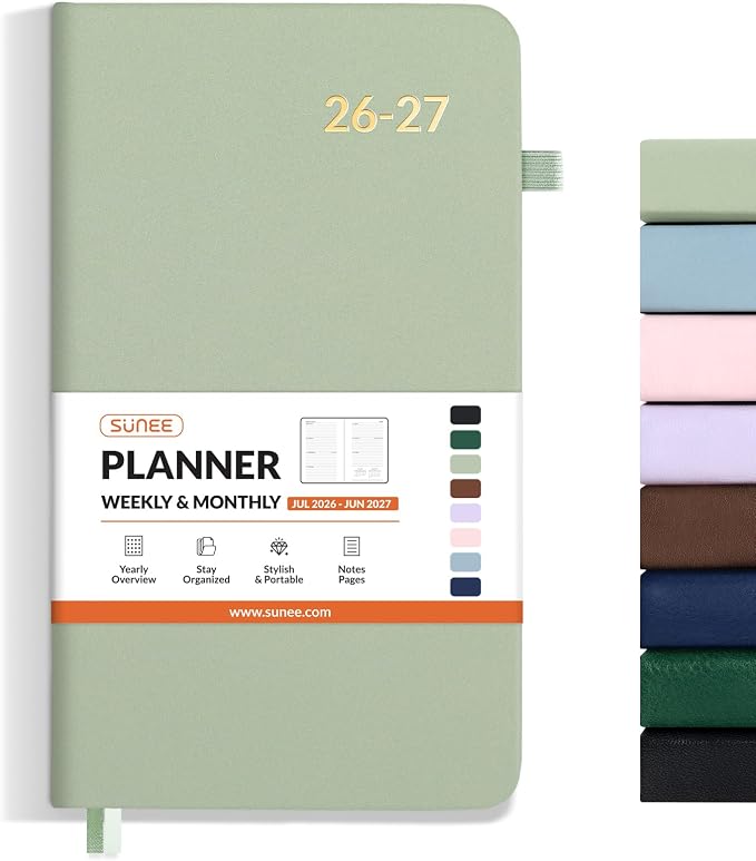 SUNEE 2026-2027 Pocket Weekly Planner for Purse 3.5" x 6" - 12 Month (July 2026 - June 2027) Academic Year Calendar, Pocket Size Planner, Hardcover, Note, 100 GSM Paper, Sage Green