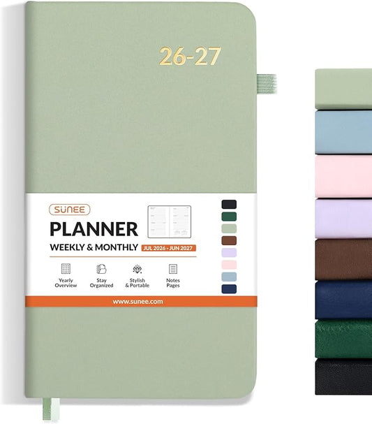 SUNEE 2026-2027 Pocket Weekly Planner for Purse 3.5" x 6" - 12 Month (July 2026 - June 2027) Academic Year Calendar, Pocket Size Planner, Hardcover, Note, 100 GSM Paper, Sage Green