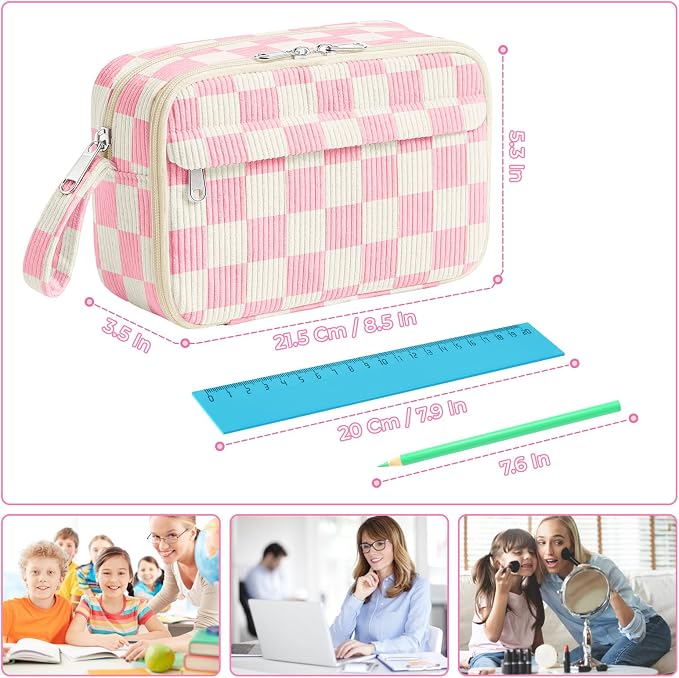WOBAGMEN Cute Pencil Case,Large Corduroy Zippered Pencil Case Pouch, aesthetic Pencil Bag with Compartments（Pink Gingham）