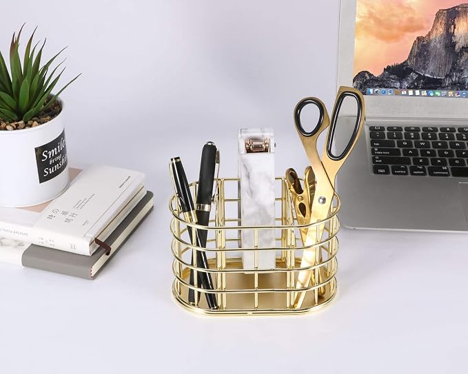 Pen Holder, 3 Compartment Metal Pencil Holder Stationery Organizer, Decorative Desktop Storage Holder for Office Supplies, Gold