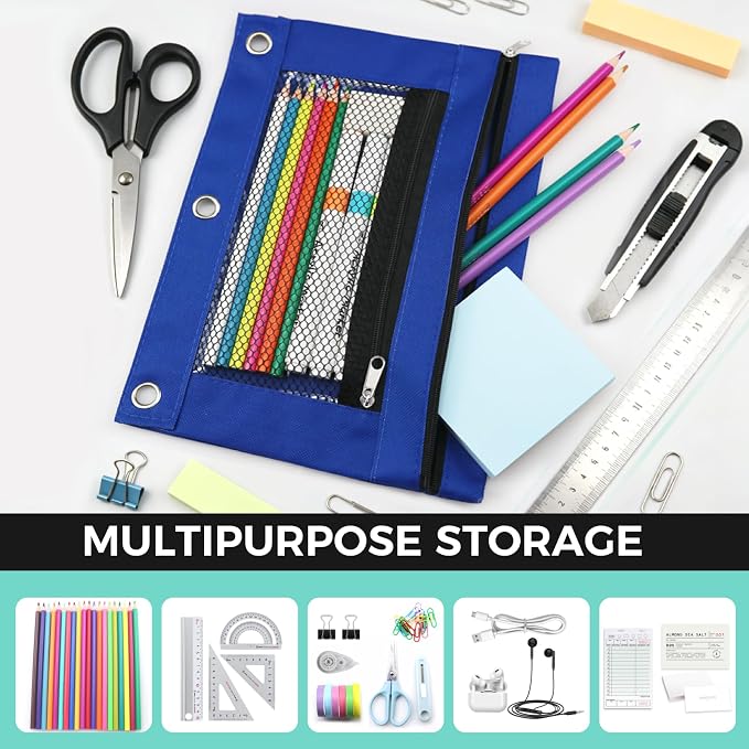 3 Ring Pencil Pouch for Binder, 2-Pocket Zipper Pencil Case with Clear Window & Mesh Pocket, 600D Oxford Fabric Binder Pouch for School Office Supplies, Fits Standard 3-Ring Binders, Blue