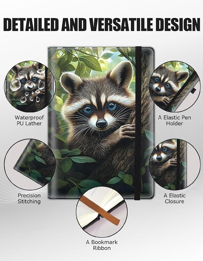 Hardcover Executive Notebooks, A5 PU Leather Lined Journal Notebook, 200 Pages Thick Paper Subject Notebooks for School,Work,Home Writing Business Notebook, Diary Book ， Forest Raccoon
