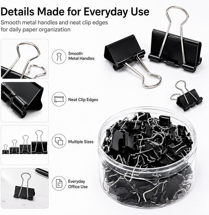 Binder Clips Assorted Sizes, Durable Metal Binder Clips for Office, Cute Desk Supplies for Teachers Student (60, Black)