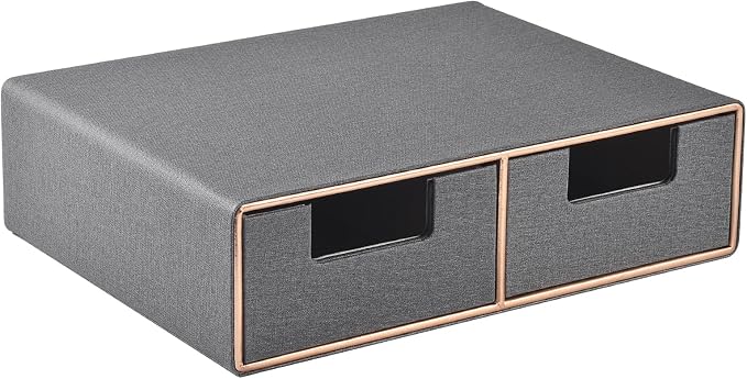 Linen Leather Desk Organizer with Drawers－Mini Desktop Drawer Organizer Stackable－Multifunctional Tabletop Organization Storage Box for Office Supplies Home Vanity Toiletries (Grey, 2-drawers)