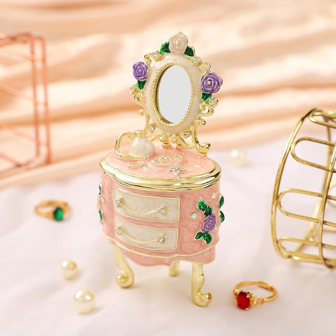 QIFU Hand Painted Pink Dressing Table Style Enamel Trinket Box Hinged, Elegant Small Jewelry Box