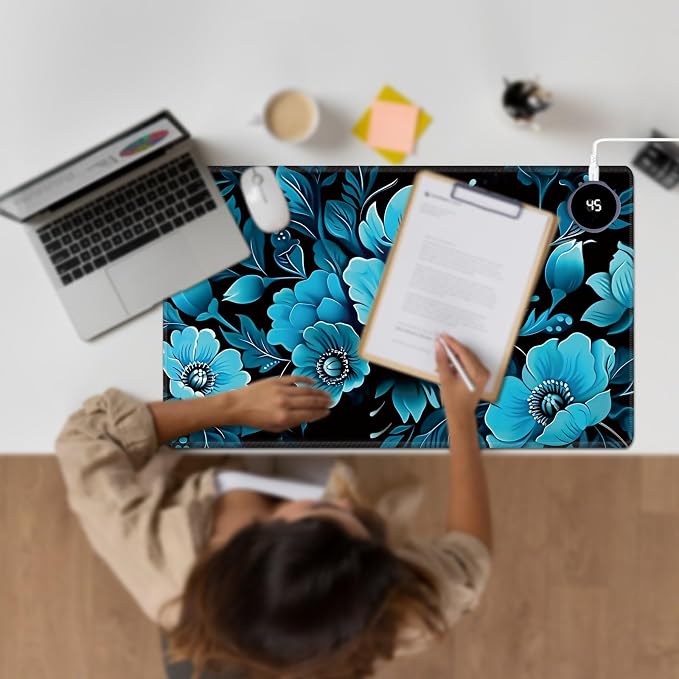 Heated Desk Pad Large Mouse Pad 23.6 x 14.1 inch with 3 Levels Heating & Auto Shut-Off Warm Mouse pad PU Leather Computer Mousepad for Home Office Work - Blue Floral Flower