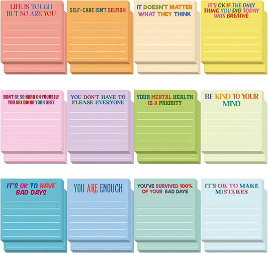 Yinder 24 Pcs Inspirational Sticky Notes, Back to School Supplies, Cute Motivational Sticky Notes Pad Employee Appreciation Gifts Bulk for Teacher Coworker Office 3 x 3'' (Mental Health,Light Colors)