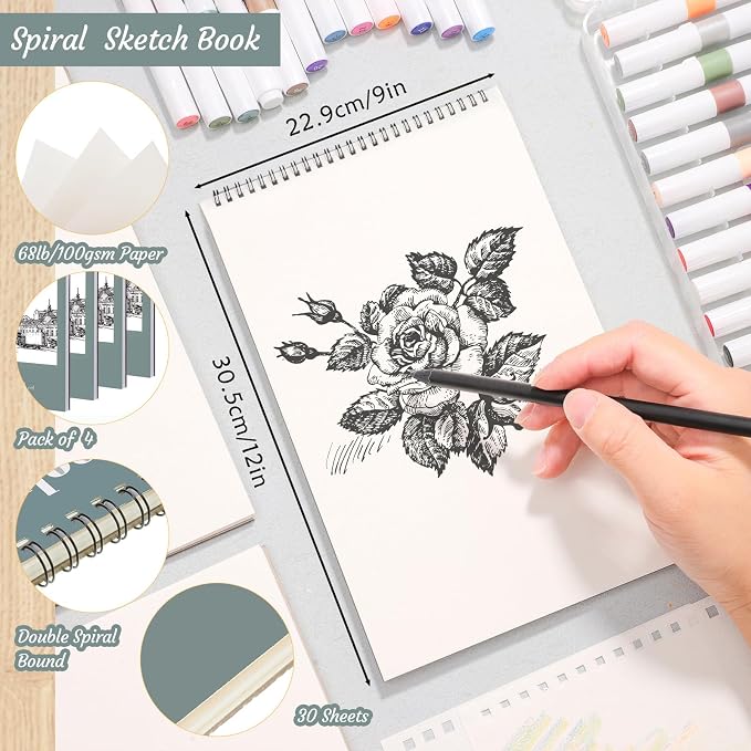 4 Pack Sketch Book, 9 x 12 Inch Sketchbook, 68lb/100gsm Top Spiral Bound Sketch Pad, Acid Free Art Supplies Drawing Painting Sketching Paper for Kids, Adults, Beginners, Artists (30 Sheets Each) | 100gsm/68lb paper, hardcover backboard, lay-flat top sp...