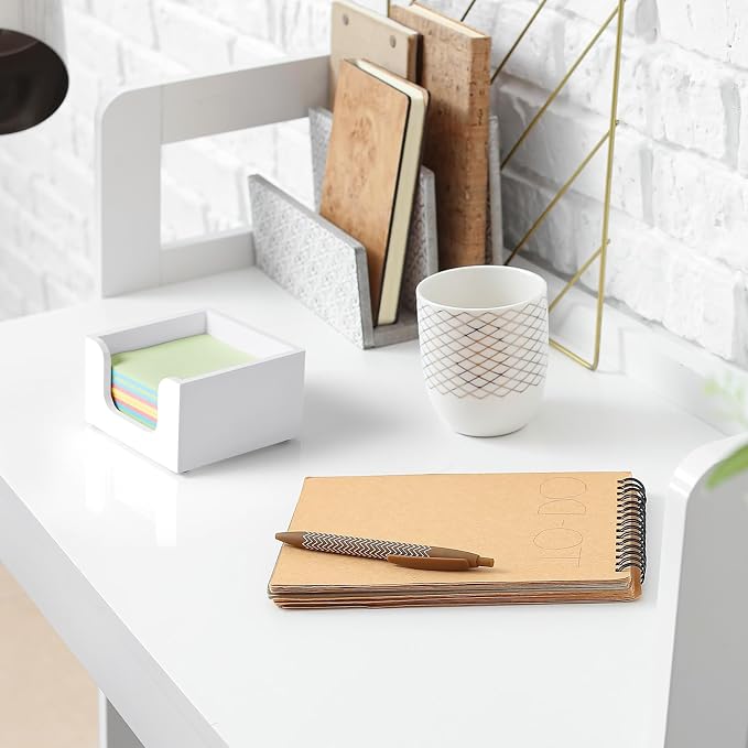 Bivvclaz Wood Sticky Note Holder, 3 x 3 Inch Post It Note Dispenser for Office Desk Accessories, Self Stick Note Pad Holder, Memo Pad Holder Dispenser Organizer for School Office Desk Supplies, White