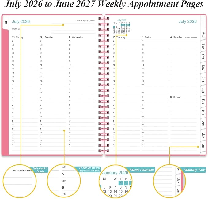 2026-2027 Appointment Book & Planner - Hourly Planner from July 2026 to June 2027, Weekly Appointment Book 2026-2027 with 30-Minute Interval, 6.4" x 8.5", Pink