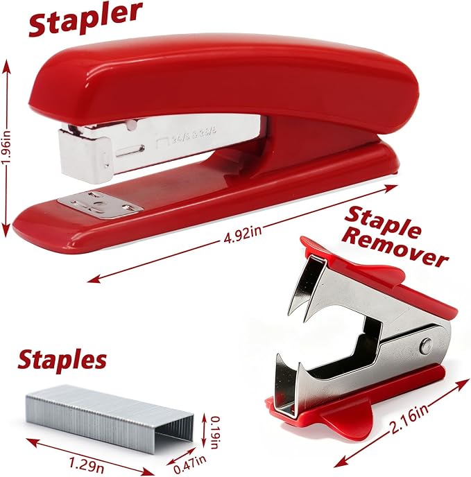 Red Office Stapler, 25 Sheet Capacity with 2000 Staples and Staple Remover, Desktop Stapler, Red Office Supplies for Students and Office Clerks