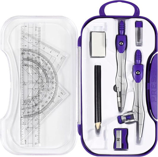 Unjoo Geometry Set 10 Pcs Student Supplies, Protractor and Compass,Purple | Shatterproof Storage Box,Rulers,Protractor,Compass,Eraser,Pencil Sharpener,Lead Refills,Pencil,for Classroom, Back to School
