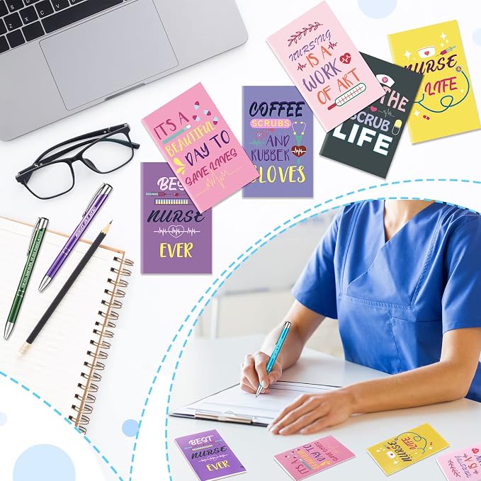 Geyee 24 Pcs Mini Motivational Pens Inspirational Notepads Bulk Appreciation Gifts Small Journals Funny Ballpoint Pen Set Prizes Men Women Office Travel Party Favors(Nurse)
