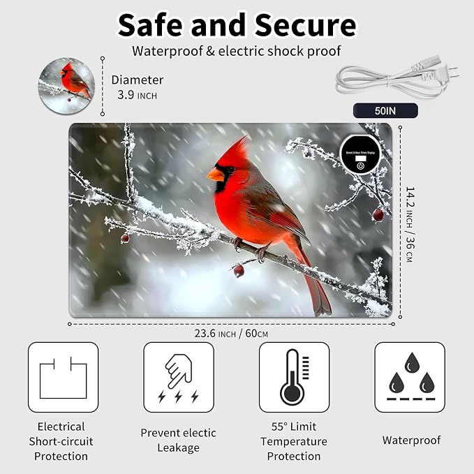 Heated Desk Pad Mouse Pad,Heated Desk Mat,with 3 Heating Levels & 3 Hours Auto Shut-Off,Leather 23.6"*14.2" Gaming Mouse Laptop Mat,Foot Warmer,Red Main Cardinal Bird