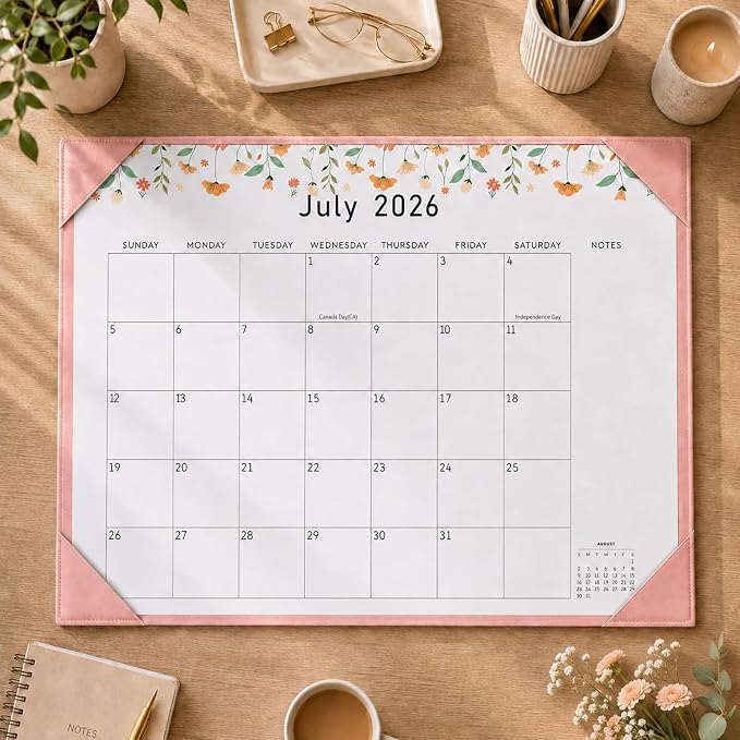 Gannyfer Desk Calendar 2026-2027 with Desktop Mat, Large 22" x 17" Desk Pad Calendar, 18-Month Calendar Use Now Through Jun 2027, Office Supplies for Home School Office, Pink with 6 Stickers