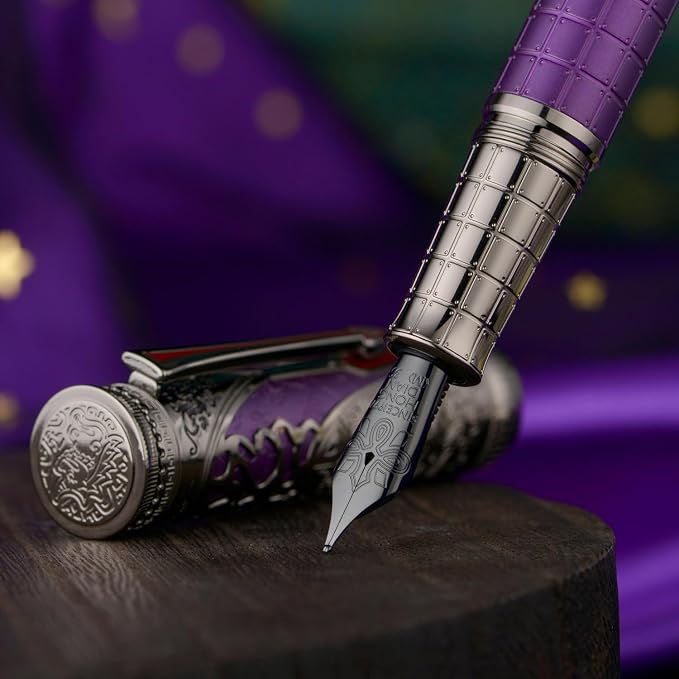 Hongdian D5X Fountain Pen Purple Color Medium Nib, Qin Dynasty Retro Chinese Totem Engraving Smooth Writing Pen with Converter and Pen Box Set