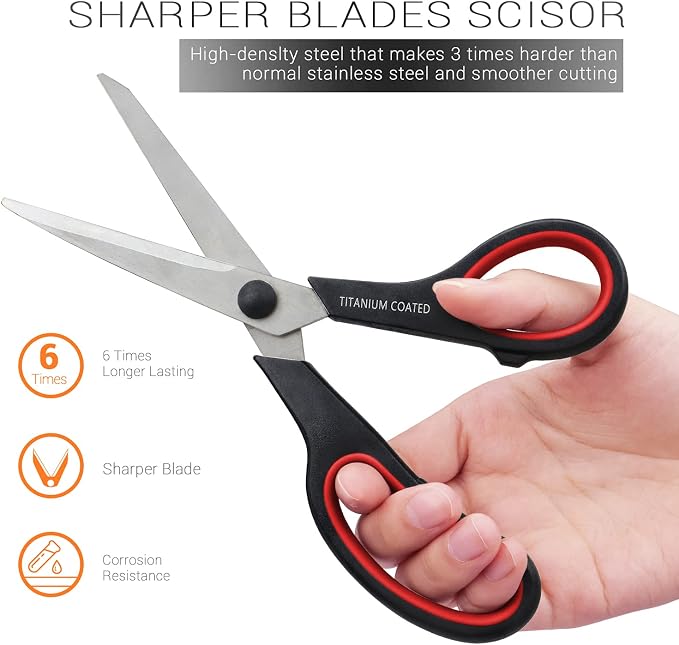 Scissors 8" Multipurpose Titanium Coated Sturdy Sharp, Black, 1 Pack | Right/Left Handed Comfort-Grip Handles, for Office Home School, Sewing Fabric Craft Supplies