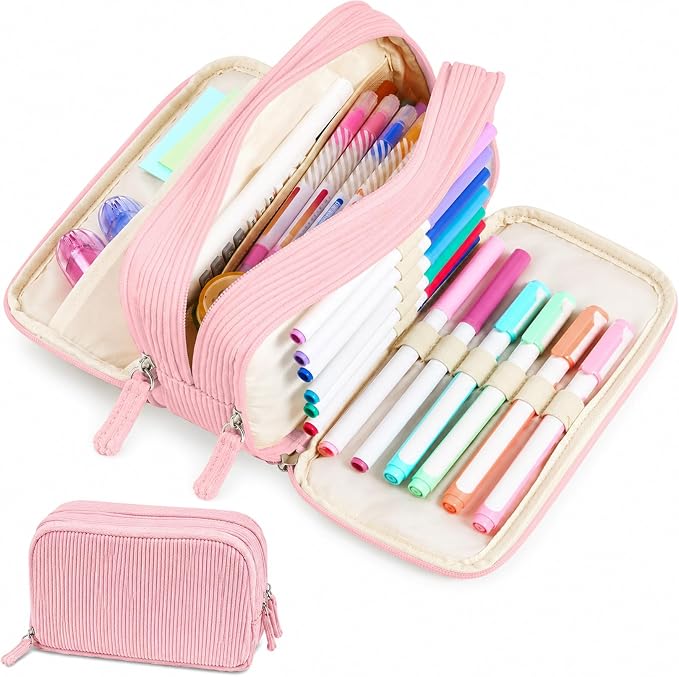Sooez Big Capacity Pencil Case Pen Pouch, Soft Corduroy Pencil Bag with 3 Compartment, Multiple Pockets, Sturdy Zipper, Cute School Supplies Pen Bag Organizer For Teen Girls College, Pink