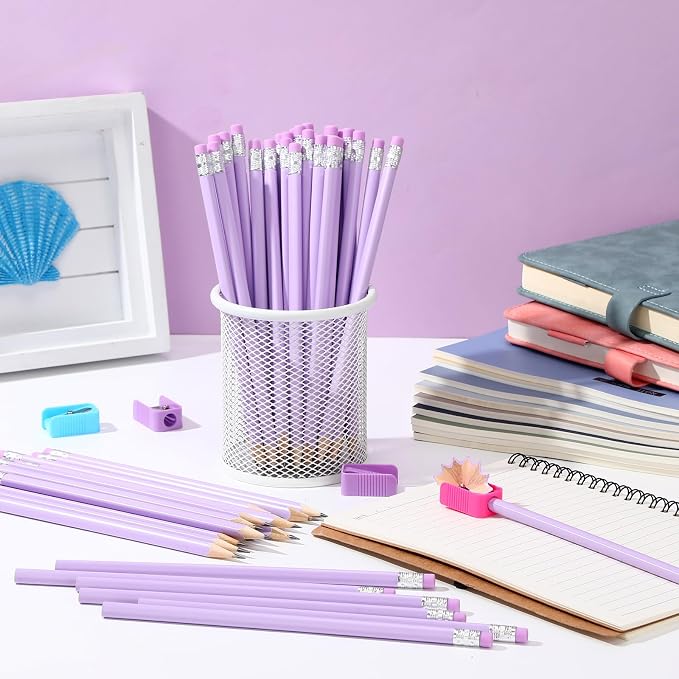 Tinlade 50 Pcs Purple Triangular Grip Pencils Wood Wedding Pencils HB Graphite Pencil Pack Eraser for Baby Shower Drawing Sketching Bridal Shower Office Supplies