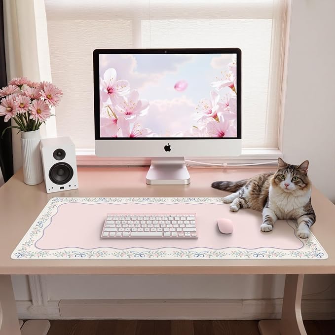 iCasso Pink Desk Mat,Cute Desk Pad for Keyboard and Mouse,Anti-Slip Large Gaming Mousepad XXL,Soft Lycra Surface Computer Mat Women,Girly Keyboard Pad for Home Office