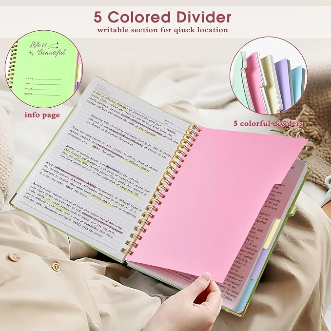 Hardcover Spiral Notebooks for Work, 5 Subject Notebook College Ruled with Dividers Tabs, Lined Organizer Notebook Journal for Women, 240 Pages Small A5 Notebooks for School Note Taking, 5x7 Pink