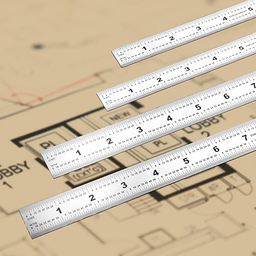 6-Pcs Stainless Steel Ruler Set – 6", 8", 10", 12", 14", 16" Precision Metal Rulers with Inch & Metric Graduations – 1/64", 1/32", mm & 0.5mm Markings – for Workshop, Office, Sewing & DIY