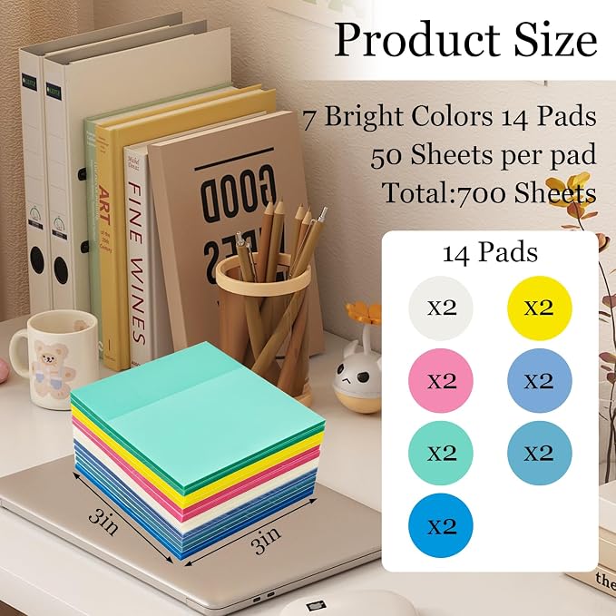 Transparent Sticky Notes Set, 14 Pack Clear Notes 3x3 Inch, Writable Translucent Memo Pads 700 Sheets for Office & School Supplies (Colorful)
