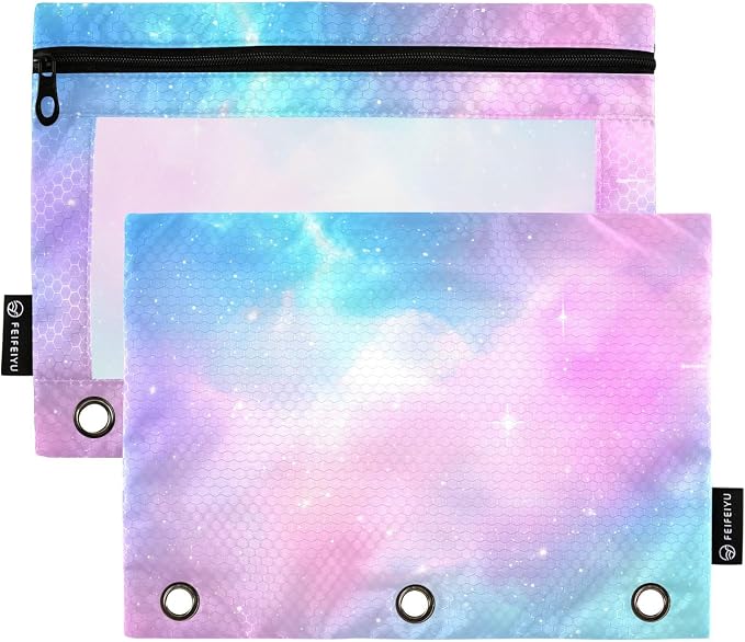 ALAZA Pencil Pouch for 3 Ring Binder, Pink Blue Sky Print Binder Pencil Pouches with Clear Window Zipper Pencil Case Cosmetic Bags for Office College Supplies, 2PCS