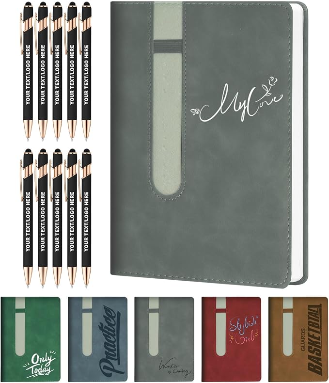 ENOMY Personalized Notebook Journal with 10 PC Pens Gifts Set Custom Notebook 240 Pages A5 Lined Journal for Men Women Hardcover Notebooks for Work College Graduation Gifts, Grey