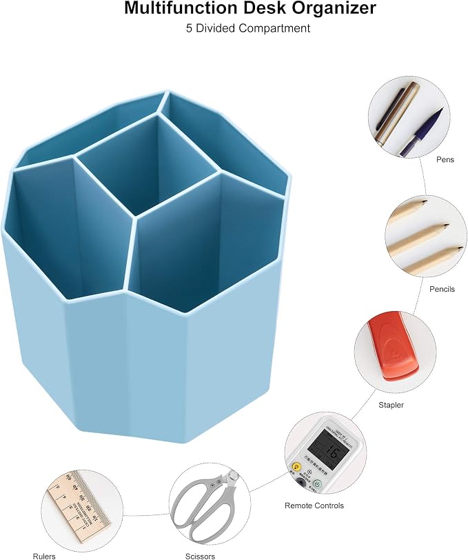 Siveit Desk Pencil Pen Holder, Rotating Pen Organizers 360-Degree 5 Grid Pen Holder for Desktop Storage Stationery Supplies Organizer, Home, Office, School, Kids, Blue