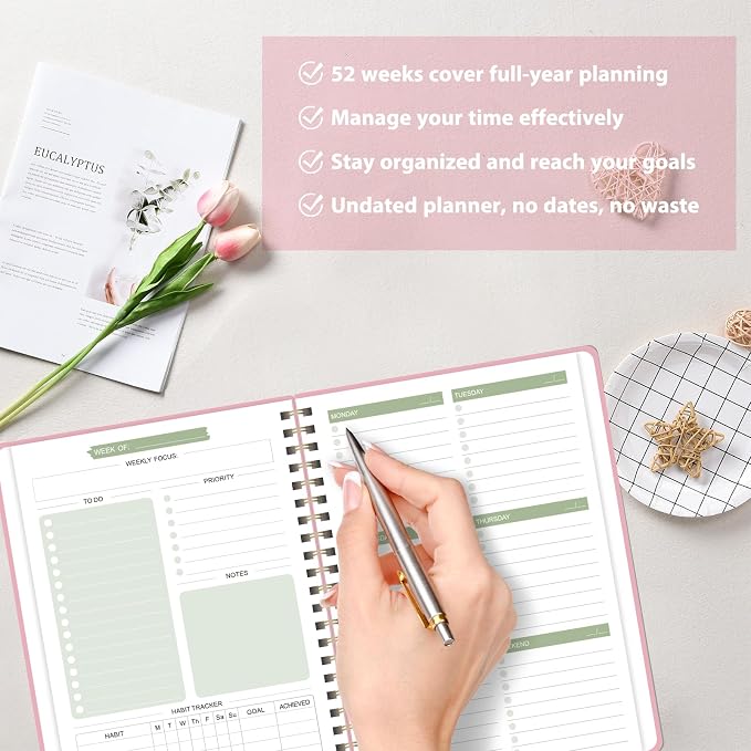 Undated Weekly Planner, Weekly To Do List Notebook, A5 Daily Planner | Office School Supplies, Spiral Binding, Inner Pocket, Goal, Organizer, Habit Tracker