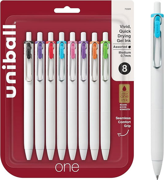 uniball™ one Gel Pens, Medium Point (0.7mm), Assorted Ink, 8 Pack | Ink stays on top of paper fibers for crisp vivid lines, wire pocket clip, color indicator top, smooth barrel & rubber grip