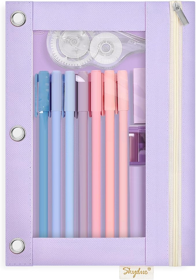 SKYDUE Pencil Pouch for 3 Ring Binder, Zipper Pencil Pouches for Girls Boys, Clear Window Pencil Bag, 3 Ring Pencil Pouch Case for Binder, Durable Organizer for School Supplies