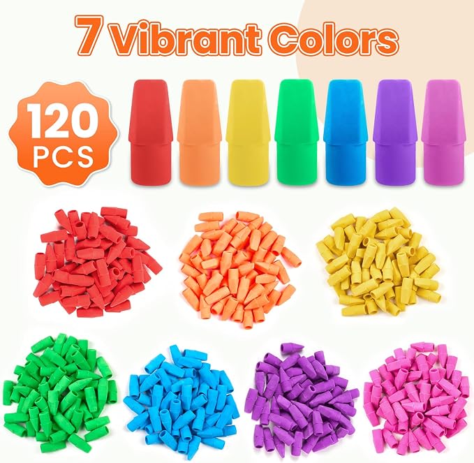 Sooez Pencil Top Erasers, 120 Pack Latex-Free Eraser Caps for Standard Pencils, No-Smudge Cap Erasers for Students, Teachers, Classroom Must Haves, Back to School Supplies, 7 Assorted Colors