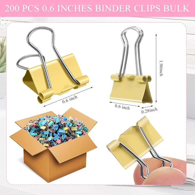 Jetec 200 Pcs Colorful 0.6 Inch Binder Clips Small Paper Clamps Metal Paper Clips for Teachers Students Classroom Business Office and School Office Supplies