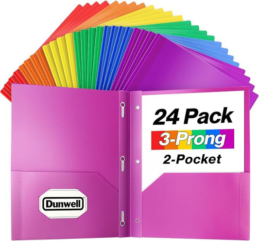 Dunwell Plastic 2 Pocket Folders with 3 Prongs, (24 Pack, Assorted Colors), Bulk 3-Clasp Folders with Fasteners, Tear-Resistant, Long Lasting Acid-Free Poly, Includes Labels