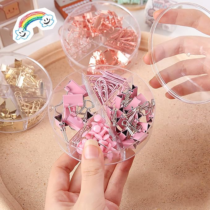 72 Pcs Pink Small Binder Clips, Paper Clips and Thumbtack for Office Work School and Home Supplies (72pcs Mixed, Pink)