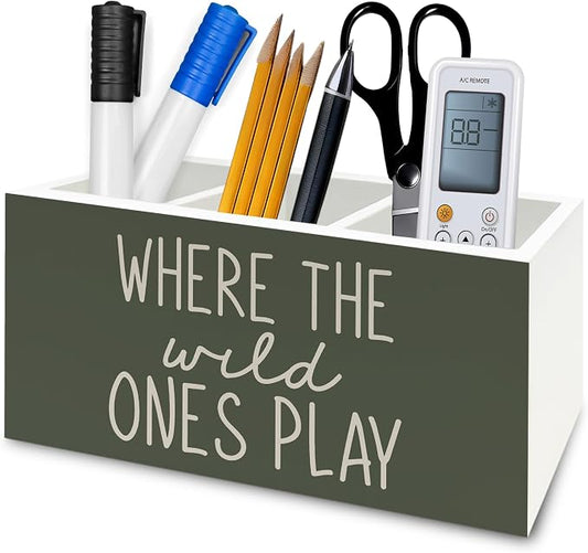 Boho Green Kids Pen Pencil Holder Organizer for Desk, Where the Wild Ones Play Wooden Box Signs Decorations for Kids Boys Room Bedroom Playroom Desk Tabletop, Boy Nursery Decor