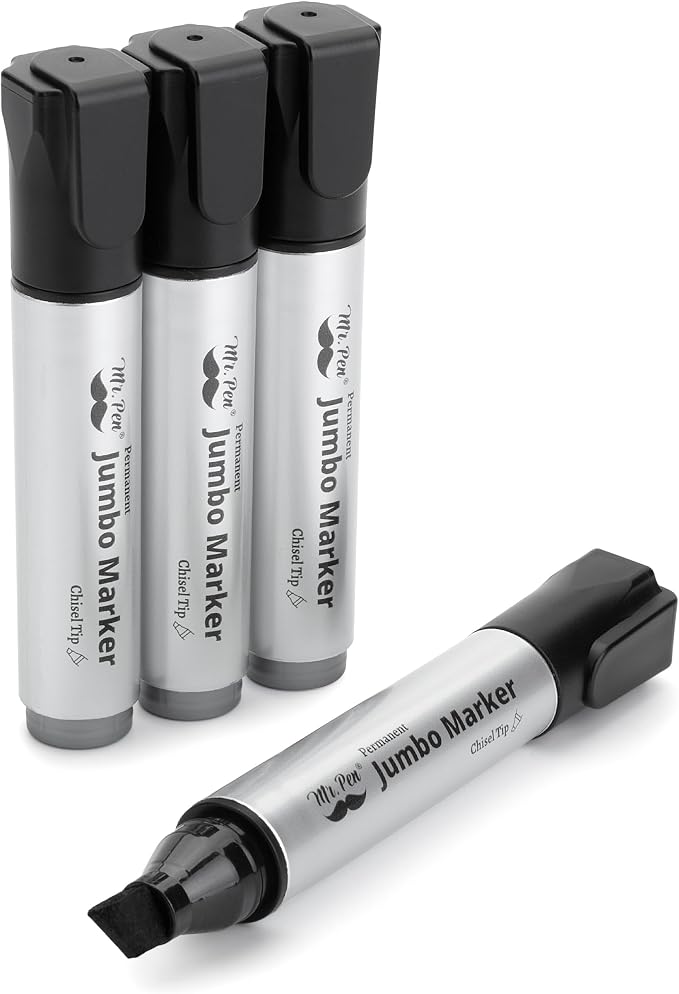 Mr. Pen- Jumbo Permanent Markers, 4 Pack, Black, Chisel Tip | Wide Tip, Large, Thick Permanent Markers for Canvas, Posters Board, Fabric, Window, Glass, Wood, Waterproof, Quick Dry