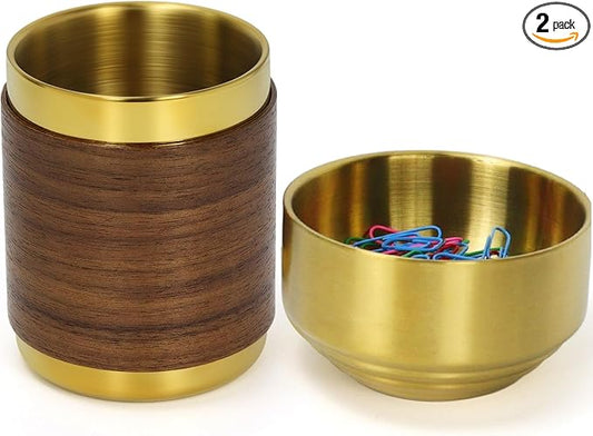 MultiBey 2-Piece Gold Desk Organizer Set, Luxury Gold Paper Clip Holder with Walnut Accent Pen Cup, Convertible Pencil Holder for Office Desk Accessories Gift